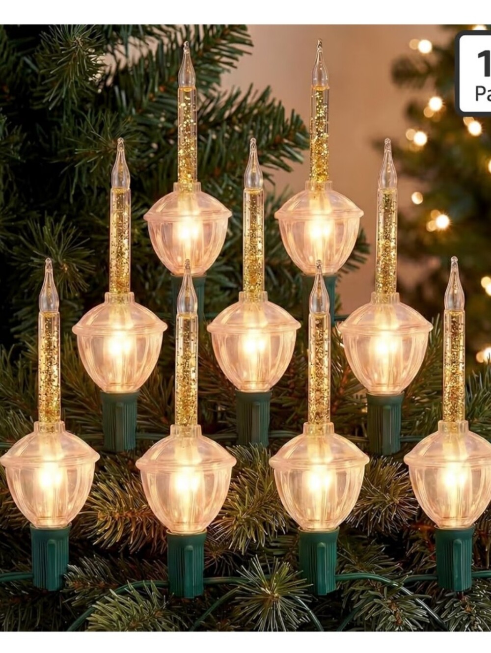 Christmas Clear Bubble Lights - 9 count on string + extra bulb - Gold Glitter